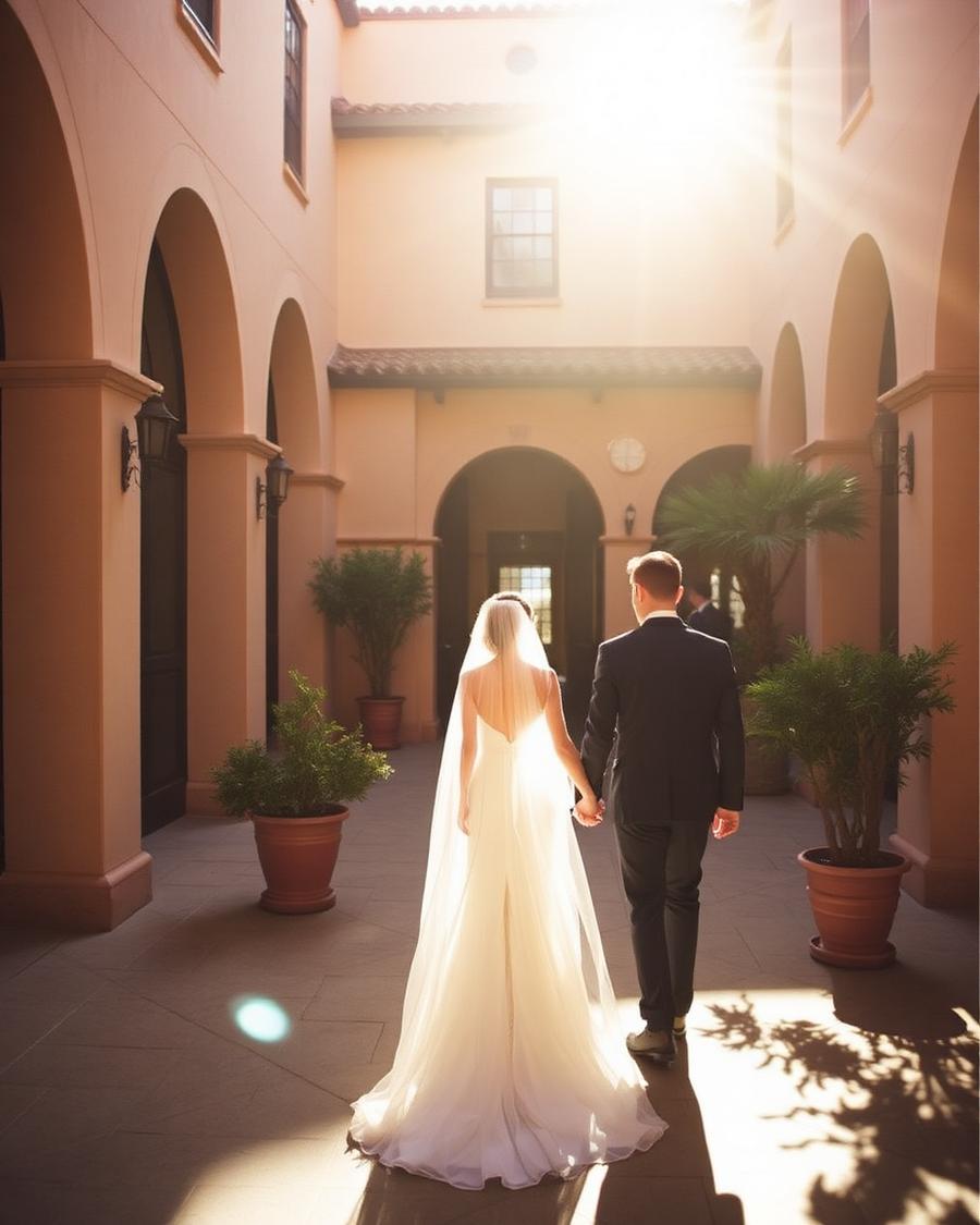 Novios caminando en patio colonial, boda editorial en Veracruz