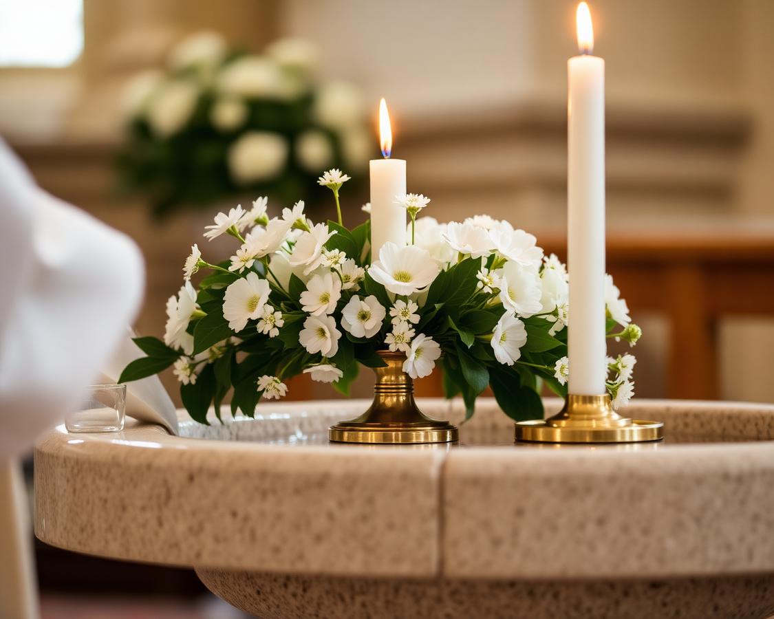 Detalle de velas y flores blancas en un bautizo en Boca del Río